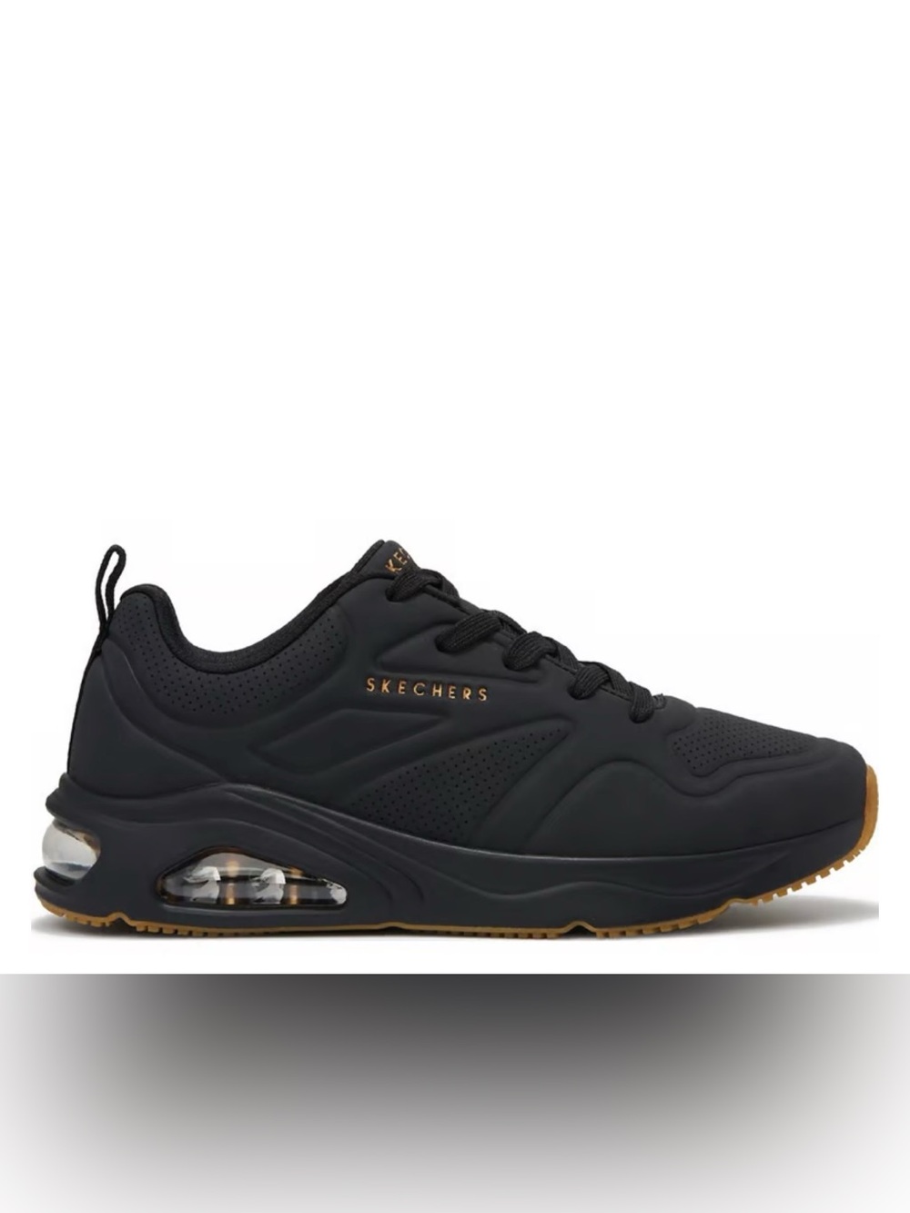 Skechers Men's Black Sneakers with Gold Logo and Gum Sole